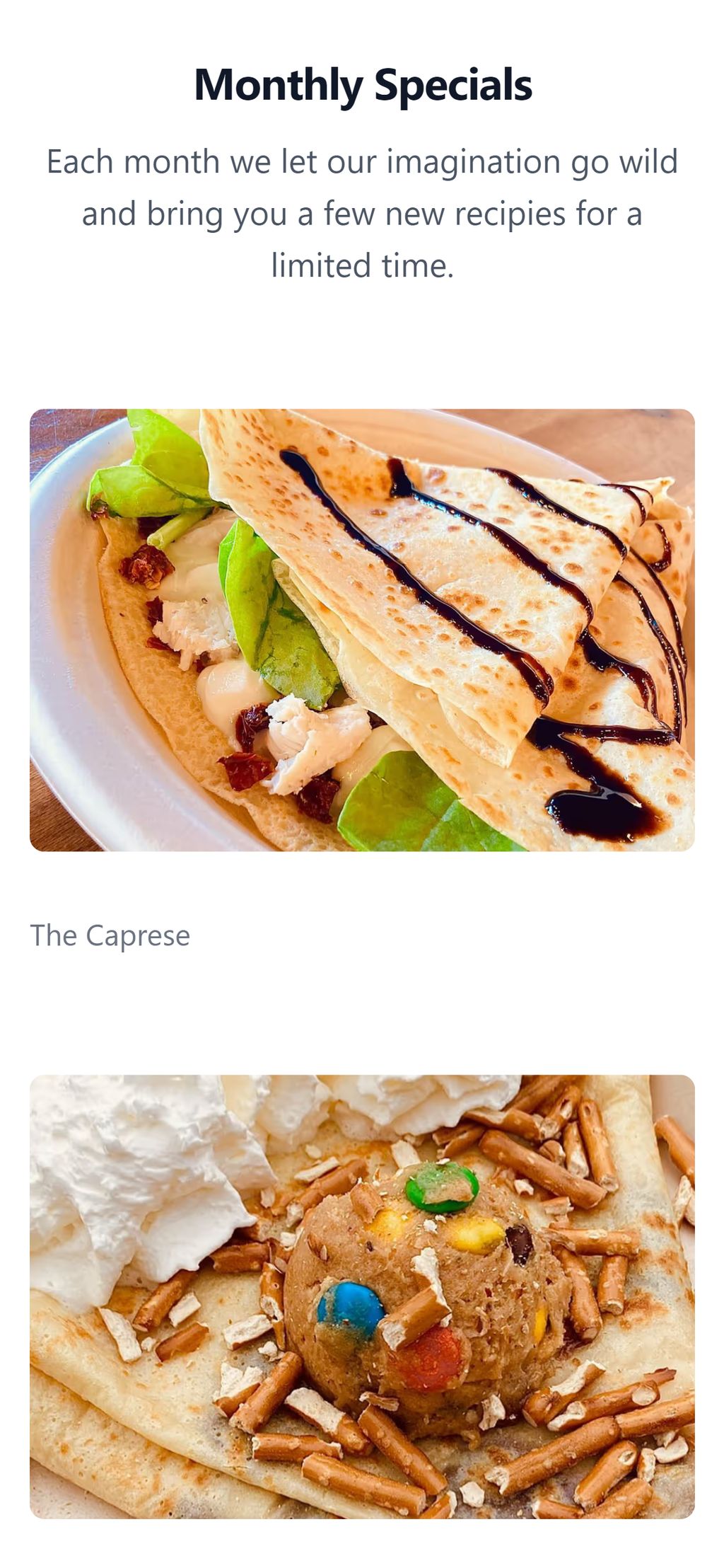 Kagen Coffee and Crepes crepe specials mobile view